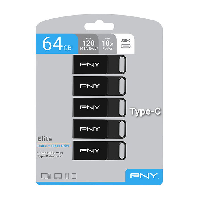 PNY Elite USB Flash Drive 64 GB USB-C 3.2 Gen 1 (120 MB/s Negro) - 5 unidades