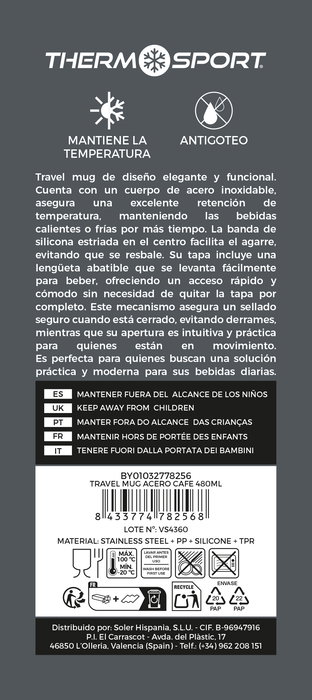 Inde Prx Travel Mug Taza de Acero para Café Termo 480 ml (9 Unidades)