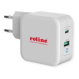 ROLINE Cargador USB 65W con enchufe europeo y 2 puertos (Tipo-A QC3.0 y Tipo-C PD)