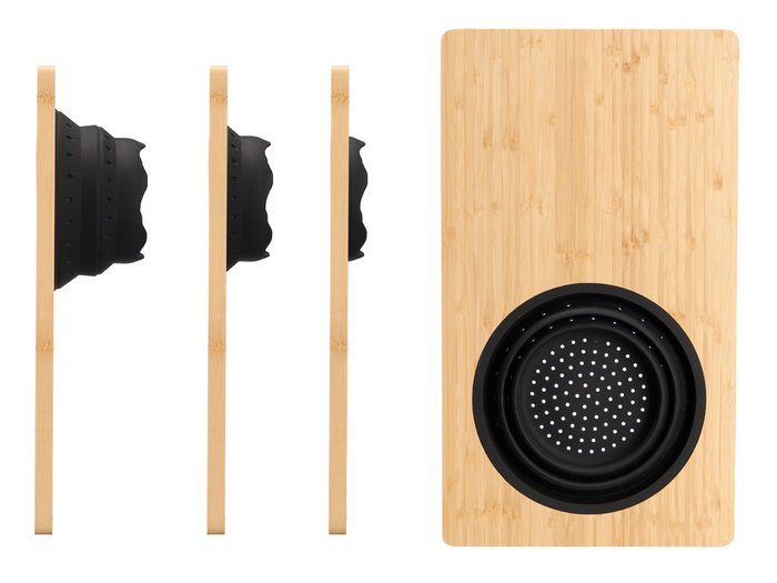 Kinvara Tabla de Corte con Escurridor Bambú y Silicona Negra y Madera 46 x 26 x 2 cm (Set de 6)