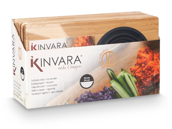 Kinvara Tabla de Corte con Escurridor Bambú y Silicona Negra y Madera 46 x 26 x 2 cm (Set de 6)