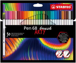 STABILO PEN BRUSH ARTY LINE Rotuladores de Punta Pincel, Colores Surtidos, Caja Metal de 30 unidades