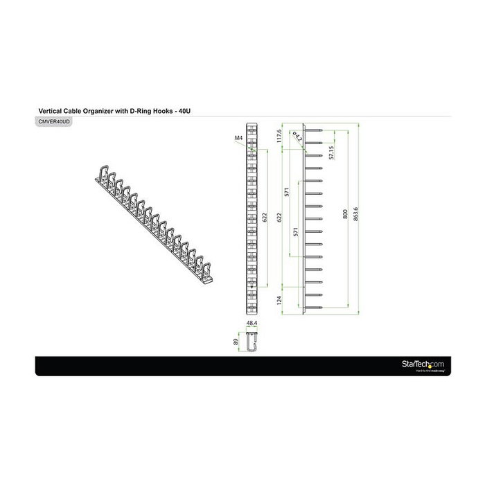 StarTech.com Gestor de Cableado Vertical con Anillas en D, 1,8m, Negro