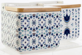 DKD Home Decor Salero Tradicional Azulejos Retro Azul Blanco Dolomita Bambú 12.5 x 12.5 x 12 cm (4 Unidades)