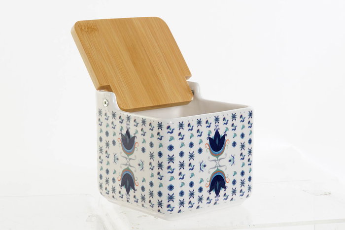 DKD Home Decor Salero Tradicional Azulejos Retro Azul Blanco Dolomita Bambú 12.5 x 12.5 x 12 cm (4 Unidades)