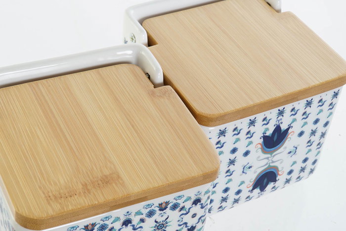 DKD Home Decor Salero Tradicional Azulejos Retro Azul Blanco Dolomita Bambú 12.5 x 12.5 x 12 cm (4 Unidades)