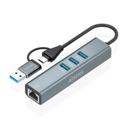 Aisens Conversor USB a Ethernet Gigabit y Hub 3xUSB 3.0, Gris