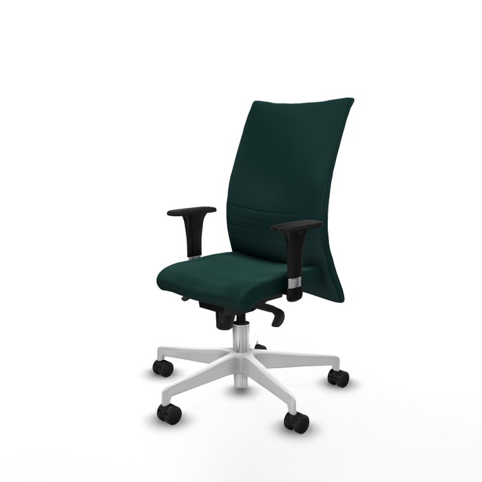 Silla Albacete confidente con mecanismo Sincro tapizada con Similpiel color Verde botella. Equipada con Base poliamida blanca, Brazos 1D y Ruedas 65mm nailon