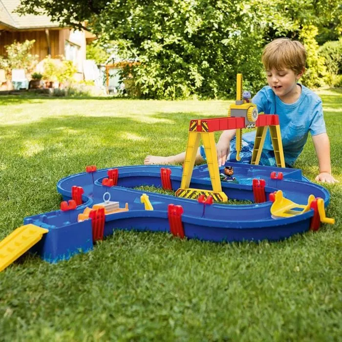 Aquaplay Port a Container Circuito de Agua para Niños con Barco, Coche y Grúa Contenedora