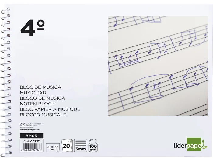 Liderpapel Bloc de música de pentagrama 3mm cuarto 20 hojas 100g/m2