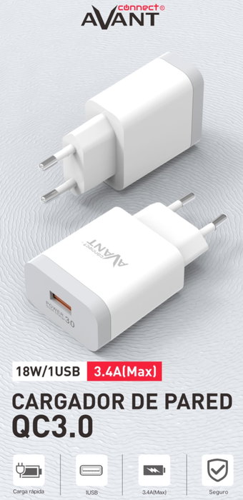 Avant Connect Adaptador de Corriente 18W QC3.0 con 1 Puerto USB, Carga Rápida