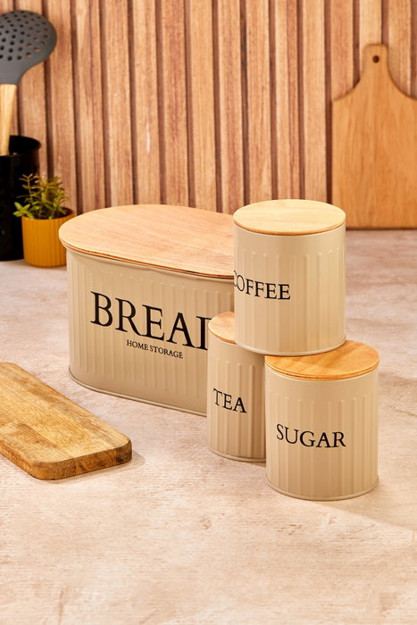 Hermia M0265 - 4LU/KAHVE Juego de Cajas de Almacenamiento de Metal Marrón con Tapas de Madera para Cocina