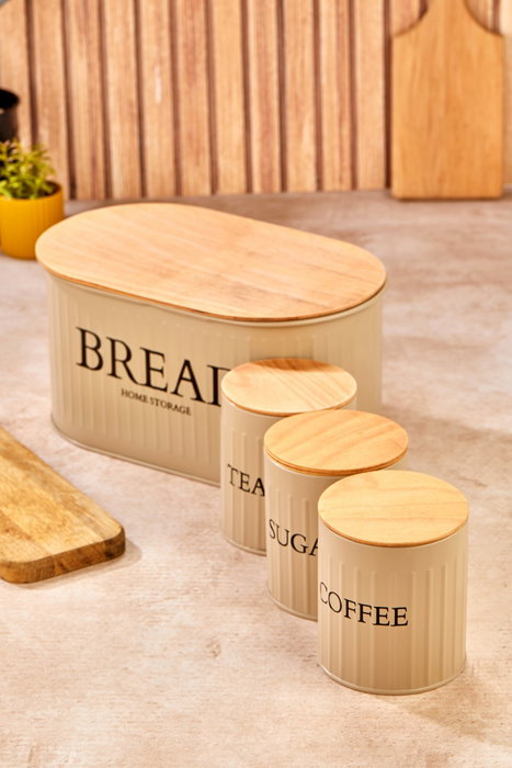 Hermia M0265 - 4LU/KAHVE Juego de Cajas de Almacenamiento de Metal Marrón con Tapas de Madera para Cocina