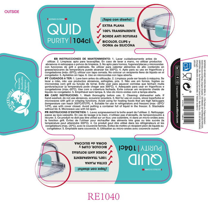 Recipiente Hermético Vidrio Purity Quid 20,7x15,4x7 cm - 104 cL