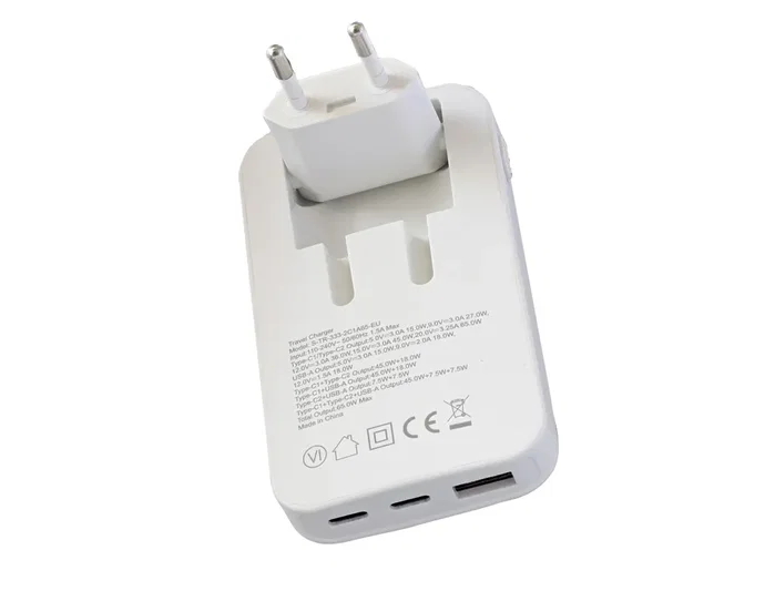 TNB Cargador GaN de 65W con 2 USB-C y 1 USB-A, Enchufe Plegable, Blanco