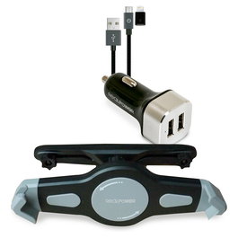 RealPower Kit Coche para Tablets: Cargador de Encendedor, Cable Micro USB, Soporte Ajustable y Sujetador Tablet, Color Negro y Plata, Certificación CE