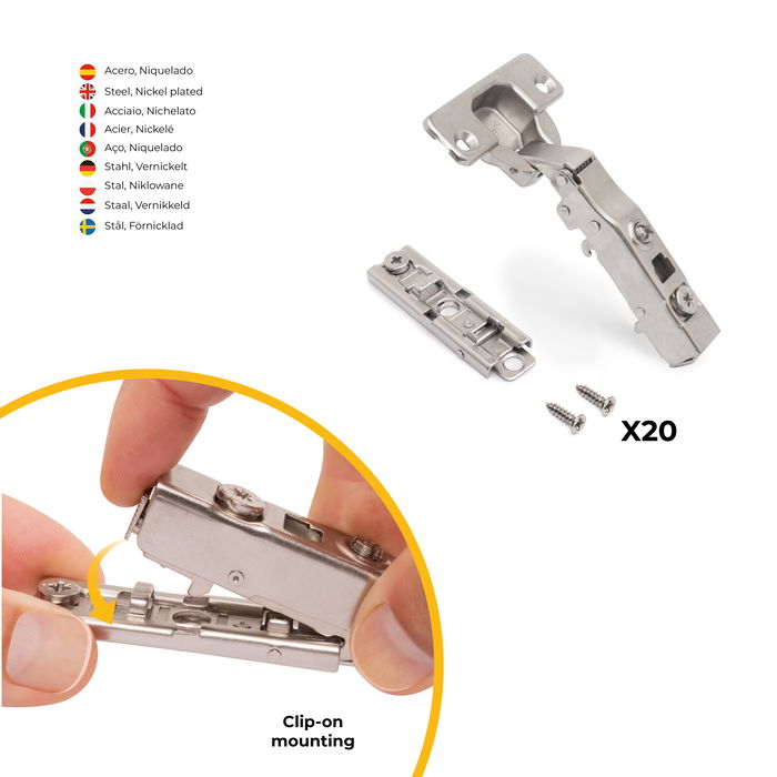 Emuca Lote de 20 bisagras rectas X91 con cierre suave y suplemento recto para atornillar, Altura 1, Acero, Niquelado Emuca Lote de 20 bisagras rectas X91 con cierre suave y suplemento recto para atornillar, Altura 1, Acero, Niquelado