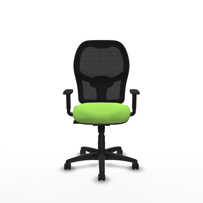Silla de oficina Alocén con mecanismo Sincro tapizada con Tela color Pistacho y malla color Negro. Equipada con lumbar 1D, Brazos 1D y Ruedas de parqué