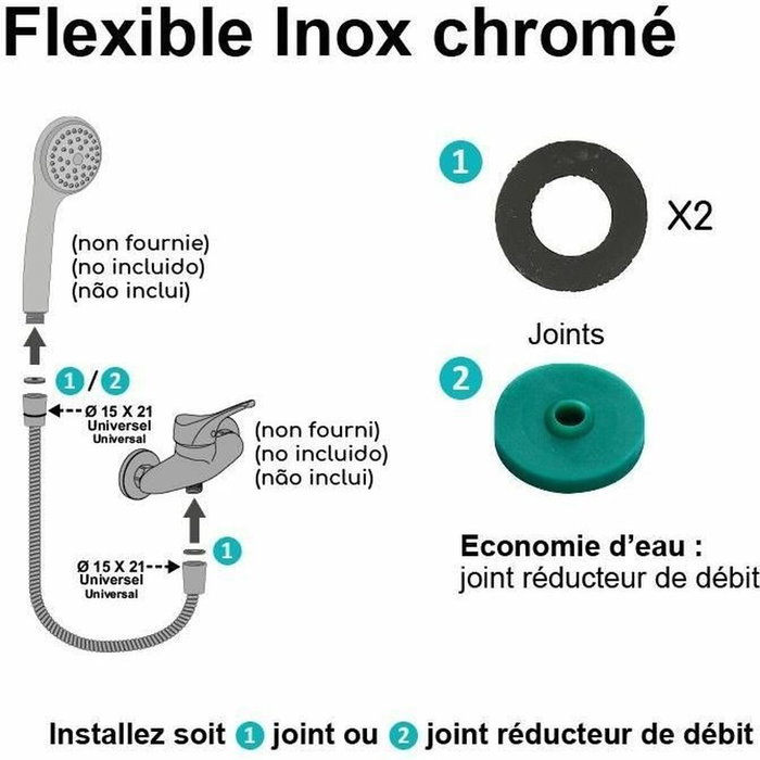 Edouard Rousseau Flexo de ducha de acero inoxidable cromado de 2 m Edouard Rousseau Flexo de ducha de acero inoxidable cromado de 2 m
