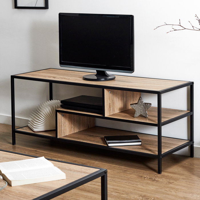 Home Deco Factory Mueble TV Industriel Estructura Hierro Balda Madera Partículas Negro Medidas 110x40 cm h.45 cm