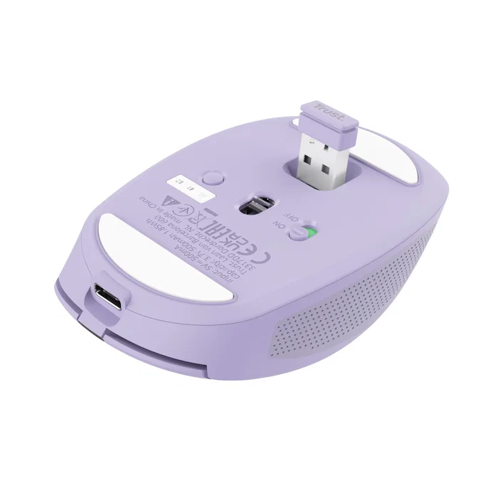 Trust Ozaa Ratón Inalámbrico para Oficina, Compacto, RF 2.4GHz + Bluetooth, 6 Botones Silenciosos, 3200 DPI, Batería Recargable USB-C, Color Lila/Morado, para Windows, Mac, ChromeOS