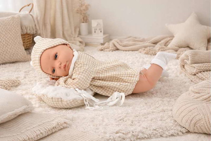 Berjuan Muñeco New Born Niño de 45 cm - Diseño Vichy Beige con Nube Blanca | Ref: 8129.26 | Edad +8 años