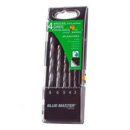 Bluemaster Juego 4 Brocas Profesionales Porcelánico Ø4-5-6-8mm Punta MD DIN 8039
