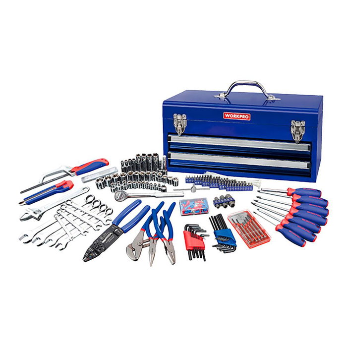 Workpro - Maleta de Herramientas Mecánicas 239 Piezas, Juego de Herramientas Manuales con Llave de Carraca 3/8", Vasos Métricos y SAE, Destornilladores, Alicates y Caja Metálica Workpro - Maleta de Herramientas Mecánicas 239 Piezas, Juego de Herramientas Manuales con Llave de Carraca 3/8", Vasos Métricos y SAE, Destornilladores, Alicates y Caja Metálica