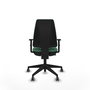 Silla de oficina Elche con mecanismo Contacto permanente básico tapizada con Tela color Verde esmeralda. Equipada con Base piramidal negra, Brazos 1D y Ruedas 65 mm parqué