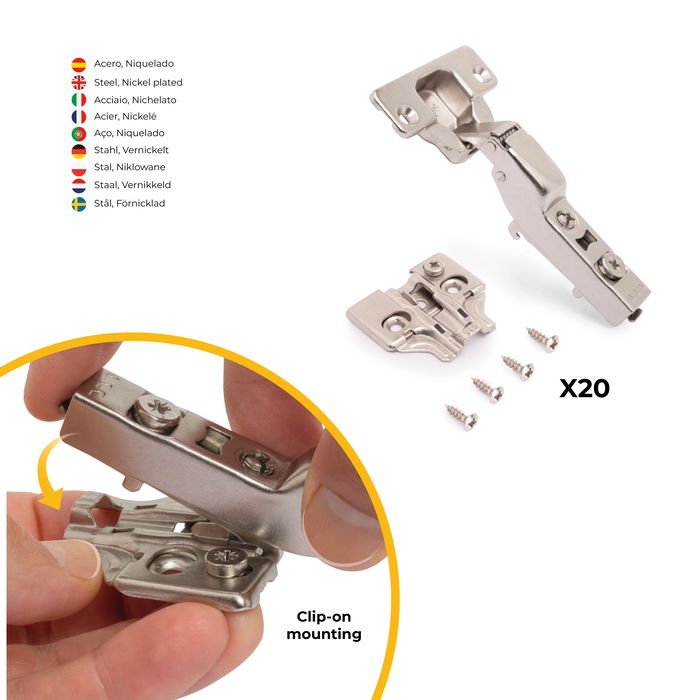 Emuca Lote de 20 bisagras codo X92 con cierre suave y suplementos para atornillar, Acero, Niquelado Emuca Lote de 20 bisagras codo X92 con cierre suave y suplementos para atornillar, Acero, Niquelado