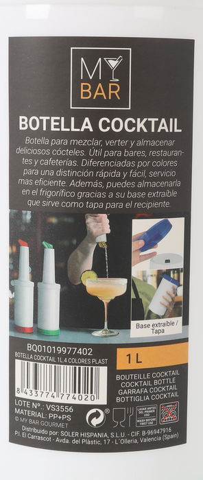 My Bar Botella Cocktail 1L Plástico 4 Colores 20.1 cm Alto x 9.6 cm Ancho x 9.3 cm Largo (12 Unidades)