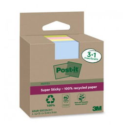 Post-It 7100285103 Pack 3+1 Blocs Notas Adhesivas 90 Hojas Recicladas Super Sticky 76x76mm Colores Surtidos