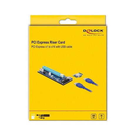 DeLOCK Tarjeta Riser PCI Express x1 a x16 con Cable USB 3.2 de 60 cm - Interno para PC, Color Negro/Azul/Gris, Ref: Delock Riser Karte