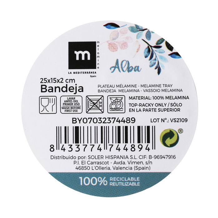 Alba Bandeja Melamina Brillo 25 cm x 15 cm x 2 cm (12 Unidades)