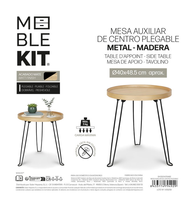 Inde Mesa Auxiliar de Centro Plegable Moblekit, 40.9 cm de Largo x组织形式 42 cm de Alto x 9.6 cm de Ancho (4 Unidades)