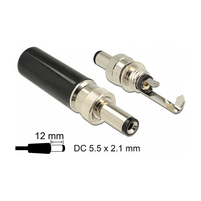 DeLOCK 89915 Conector DC Hembra 5.5 x 2.1 mm Largo 12 mm para 18V 2A, Color Negro/Níquel, Versión para Soldar