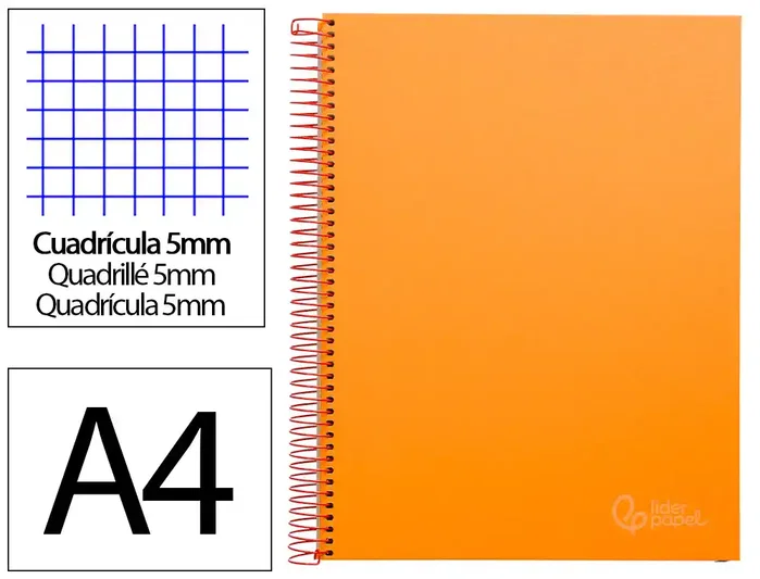 Liderpapel Cuaderno espiral A4 tapa forrada naranja 140 hojas cuadro 5mm Liderpapel Cuaderno espiral A4 tapa forrada naranja 140 hojas cuadro 5mm