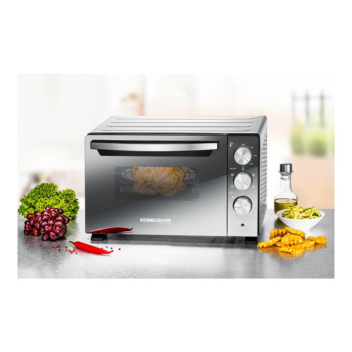 Rommelsbacher BGS 1400 Horno Eléctrico Pequeño de 22 Litros, Negro y Plata, con Función Rotisserie, Parrilla y Temporizador 60 Min
