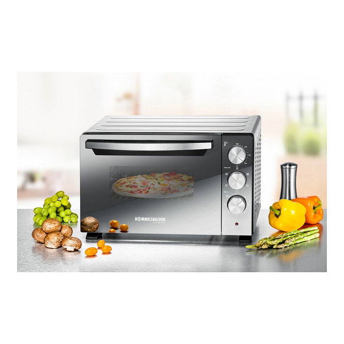Rommelsbacher BGS 1400 Horno Eléctrico Pequeño de 22 Litros, Negro y Plata, con Función Rotisserie, Parrilla y Temporizador 60 Min