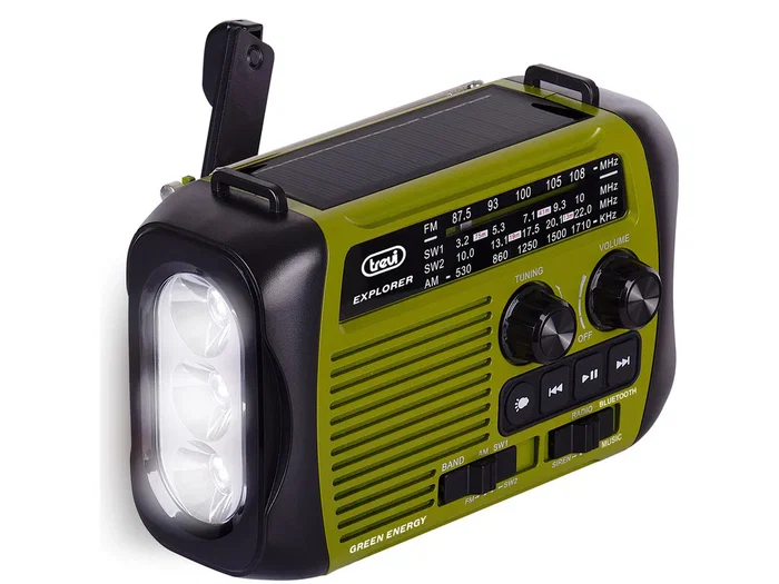 Trevi RA 7F30 BT Radio Portátil Analógica AM/FM/SO Bluetooth con Carga Solar y Dinamo, USB, MP3, MicroSD, Color Negro y Verde