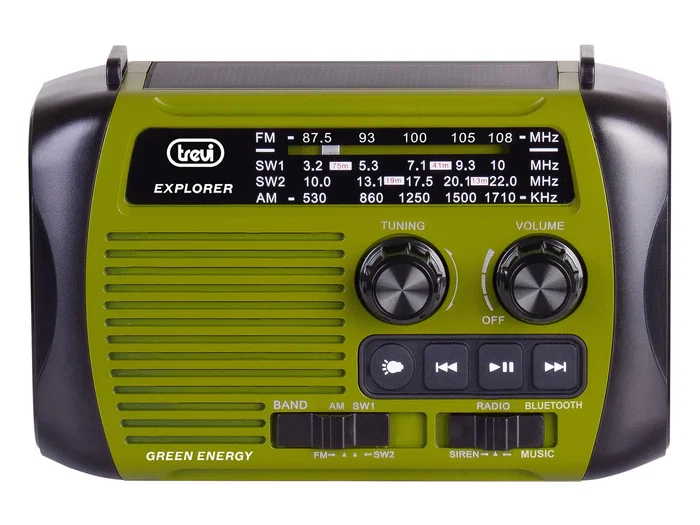 Trevi RA 7F30 BT Radio Portátil Analógica AM/FM/SO Bluetooth con Carga Solar y Dinamo, USB, MP3, MicroSD, Color Negro y Verde