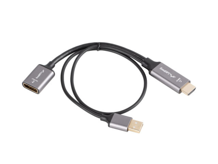 Lanberg Adaptador HDMI tipo A a DisplayPort, 4K UHD 3840x2160 a 144Hz, HDMI 2.0, DP 1.2, 18 Gbit/s, Chapado en Oro, Cable 0.2m, Color Plata