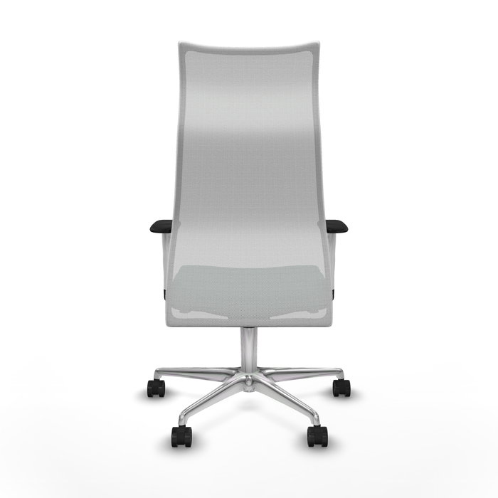 Sillón Albacete con mecanismo Sincro tapizada con Tela color Verde botella y malla color Blanco. Equipado con Base aluminio, Brazos 1D y Ruedas 65mm nailon