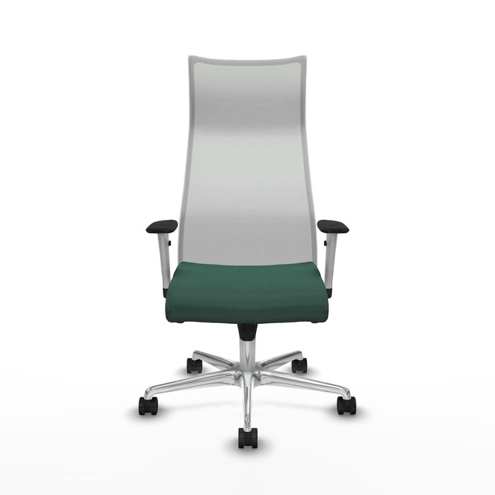 Sillón Albacete con mecanismo Sincro tapizada con Tela color Verde botella y malla color Blanco. Equipado con Base aluminio, Brazos 1D y Ruedas 65mm nailon