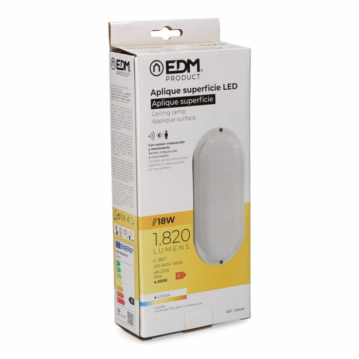 Edm Aplique LED oval con sensor crepuscular y de movimiento 18W Blanco