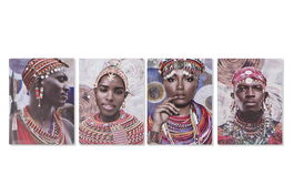DKD Home Decor Cuadro Lienzo Africana Multicolor 1.8 x 40 x 30 cm (4 Unidades) Materiales Lienzo y MDF