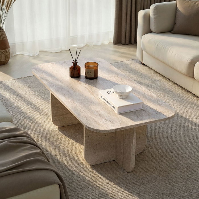Hanah Home - Akira - Travertine, Mesa de Centro de Travertino, 120x60x41 cm, Tablero de Melamina, Color Travertino