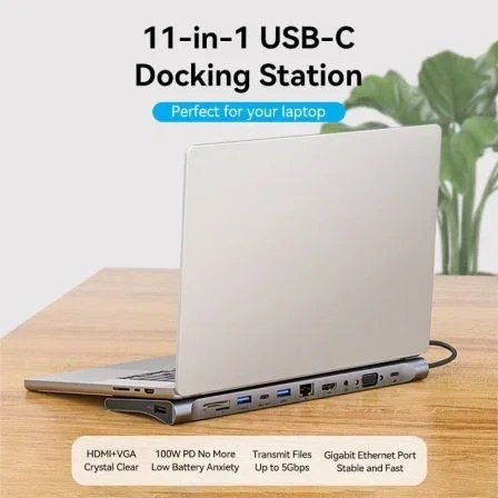 Vention THTHC Dock USB-C con HDMI, VGA, 3xUSB, RJ45, PD, Lector Tarjetas y Jack 3.5mm