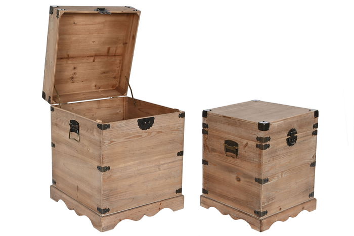 DKD Home Decor Baúl Oriental Natural Marron Claro Abeto Metal Set 2 Piezas 48x61x48 cm Hecho a Mano