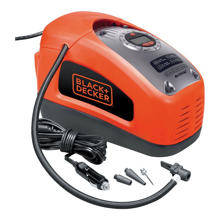 Black+Decker Inflador de aire 11,03 bar / 160 PSI Doble Alimentación 230V CA y 12V CC con 3 Adaptadores, Seleccionador Retroiluminado y Función de Autoapagado, Diseño Compacto